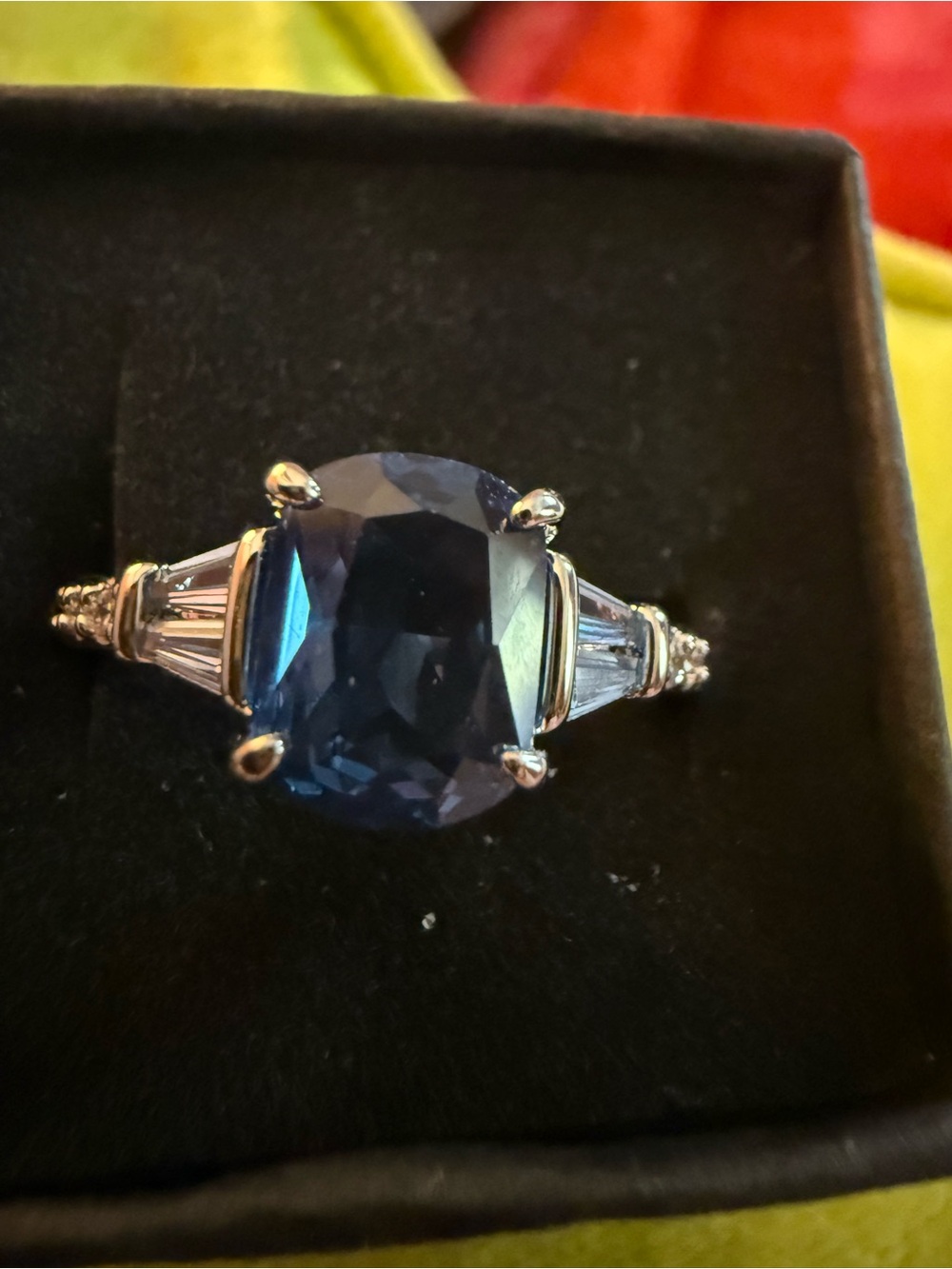 Classic Deep Blue Cushion-Cut Ring with Side Baguettes